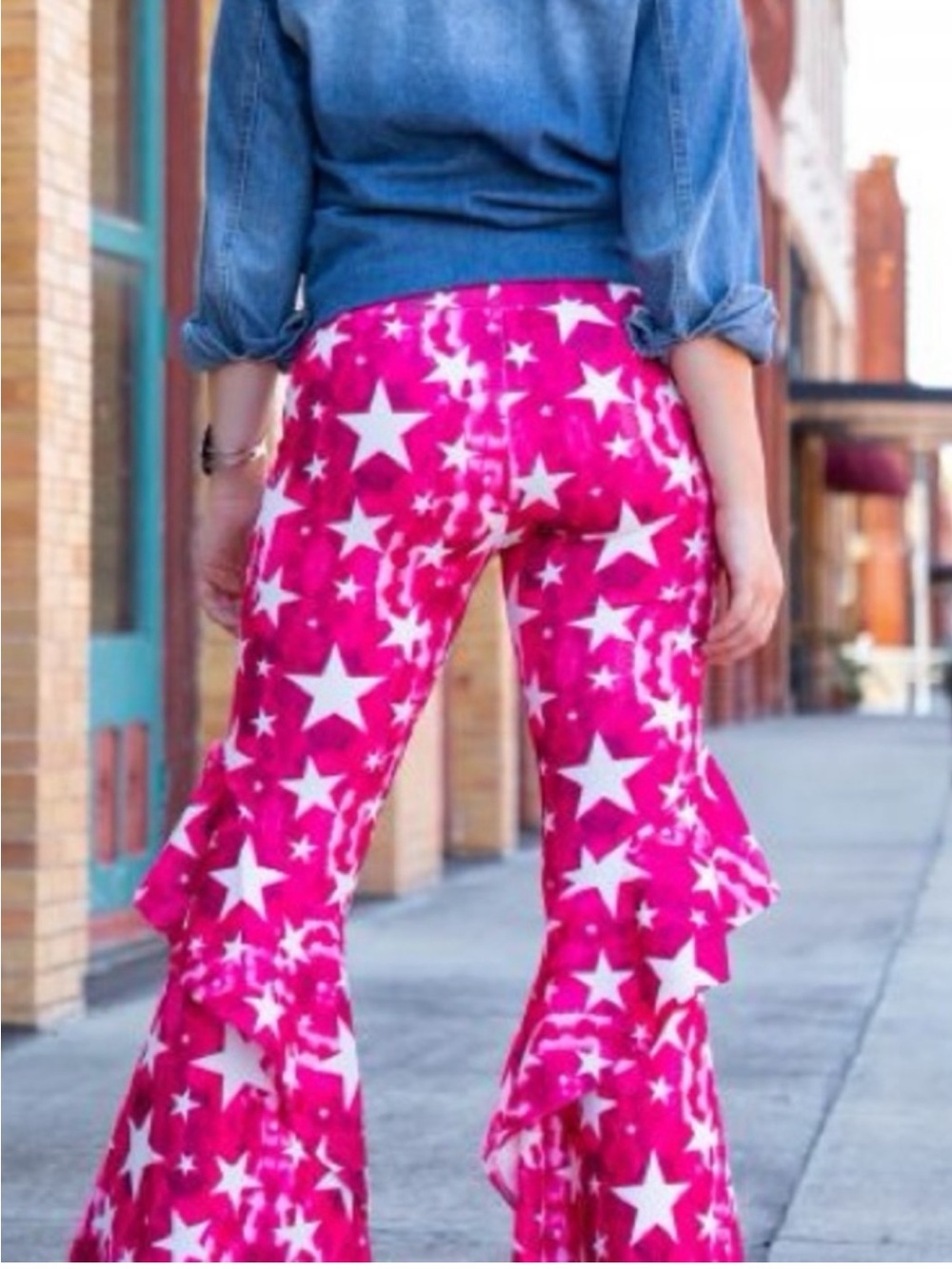 NWT Lucky & Blessed Pink Tie Dye Star Cascading Ruffle Bell Bottom Pants S